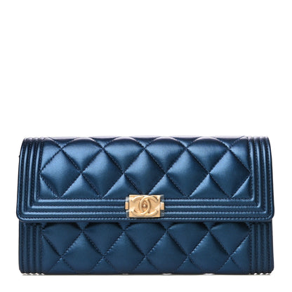Chanel Metallic Lambskin Quilted Large Boy Gusset Flap Wallet Blue 1 of 19