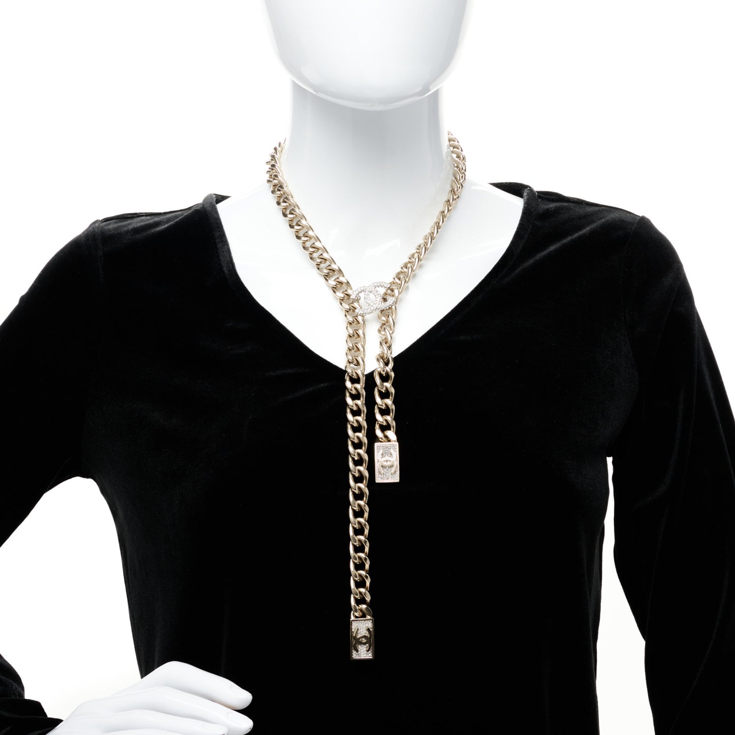 Chain Link Crystal CC Dog Tag Charm Necklace Gold