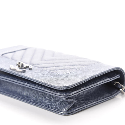 Chanel Metallic Caviar Chevron Quilted Vintage Mademoiselle Wallet On Chain WOC Blue 7 of 12