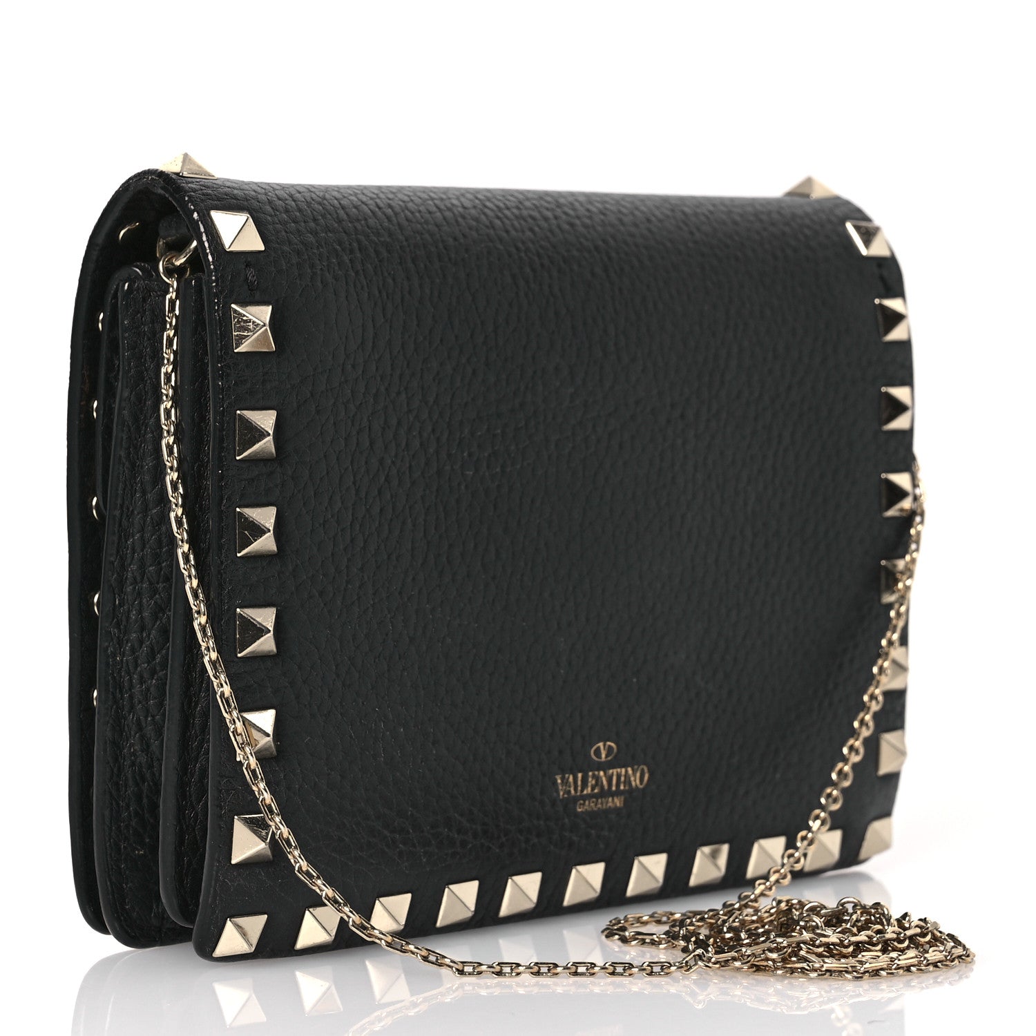 Valentino Garavani Pebbled Calfskin Rockstud Wallet On Chain Black 2 of 20