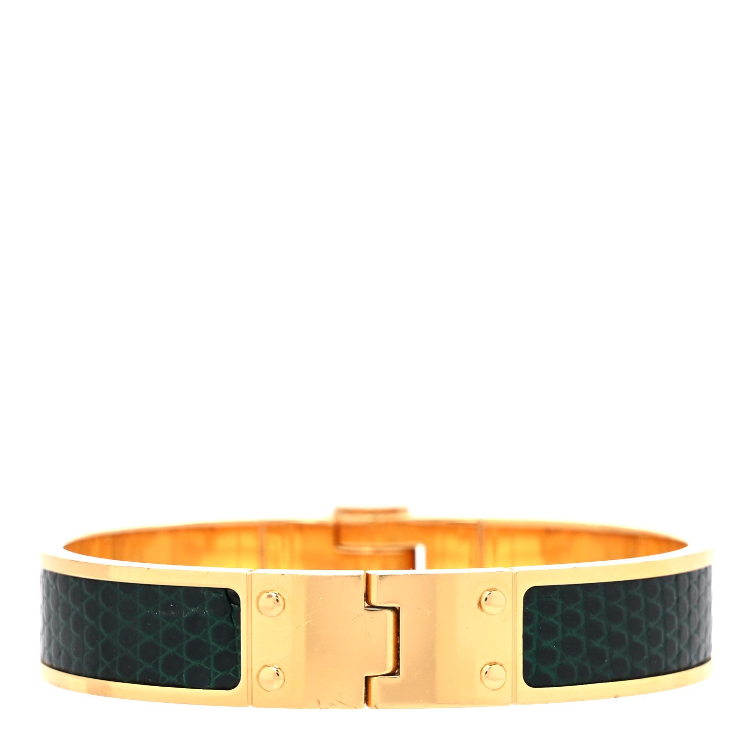 Hermes Lizard Charniere Cuir Narrow Hinged Bracelet S Vert Moyen 3 of 8