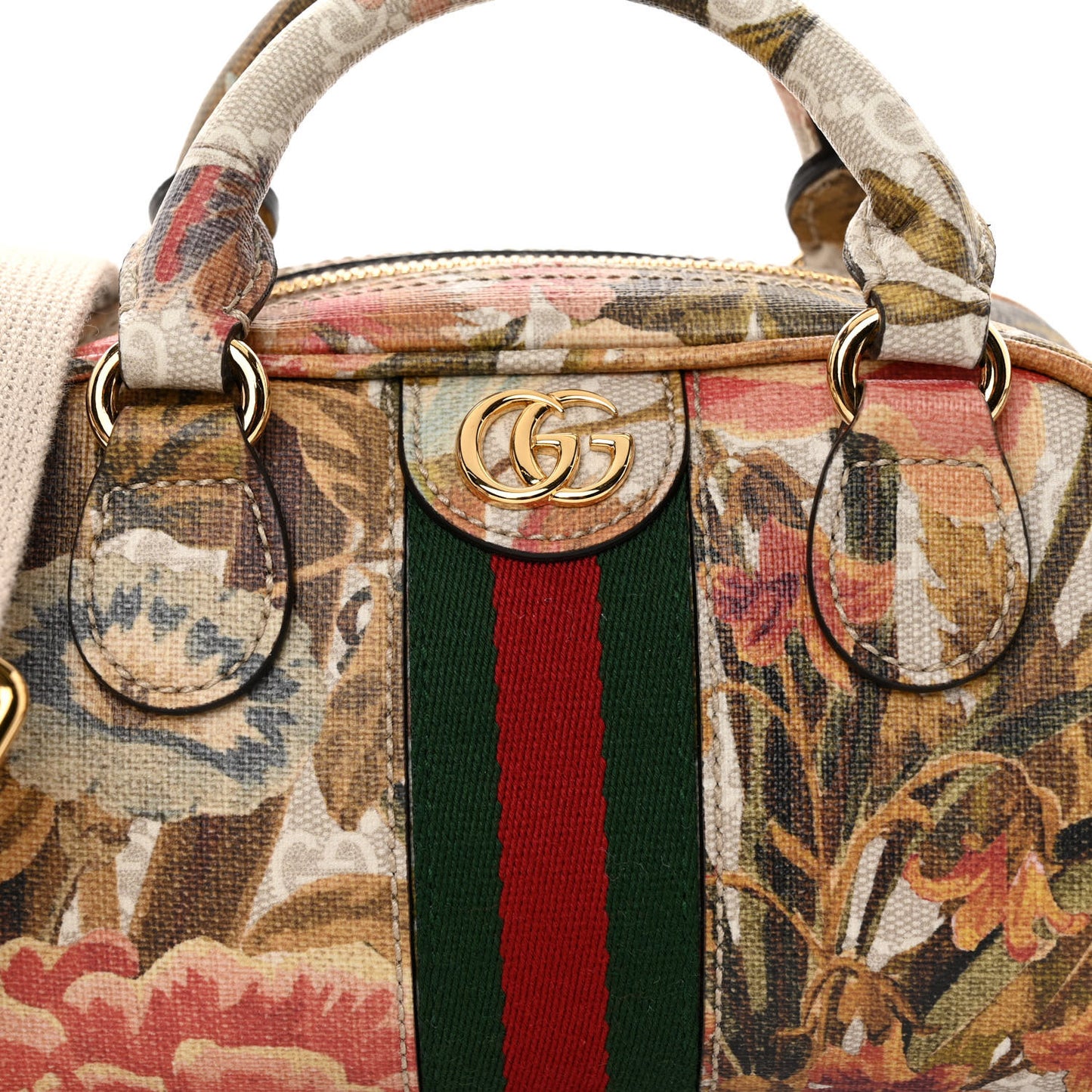 GG Supreme Monogram Water Flora Web Mini Ophidia Top Handle Bowler Bag Beige White Multicolor