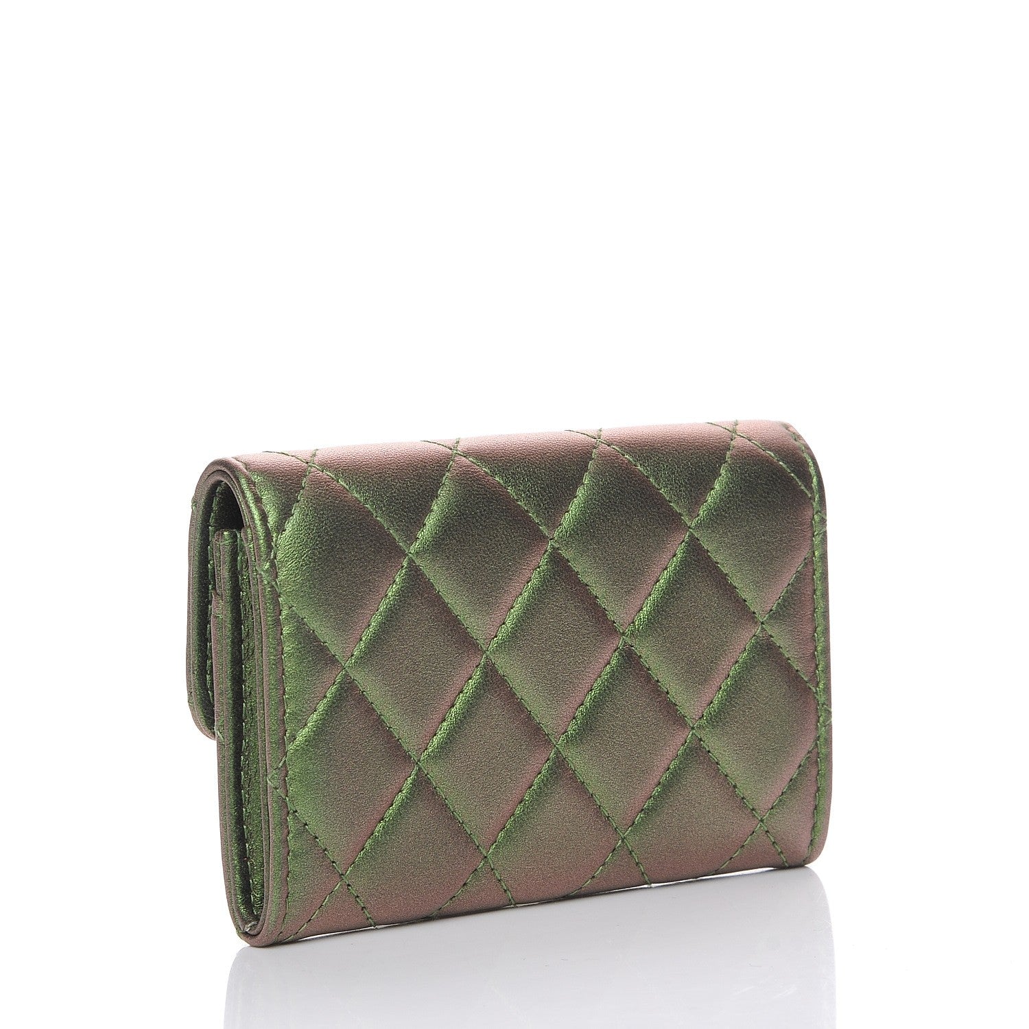 Chanel Metallic Lambskin Quilted Card Holder Green 3 of 9