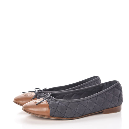 Chanel Iridescent Calfskin Quilted CC Cap Toe Ballerina Flats 37.5 Navy Tan 3 of 12