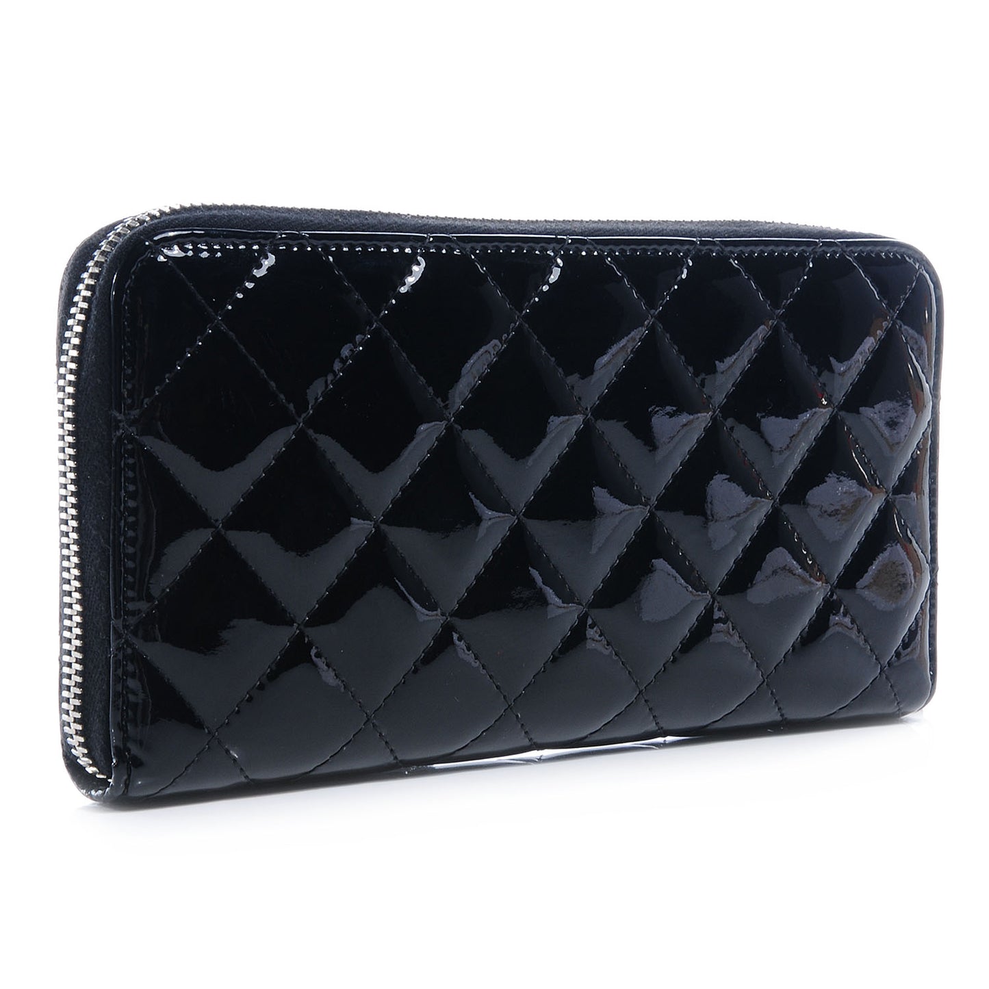 Patent Quilted Zip Around Wallet Black