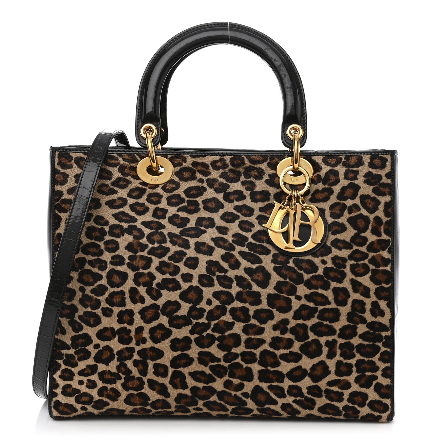 Patent Pony Hair Leopard Print Large Lady Dior Brown