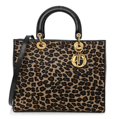 Christian Dior Patent Pony Hair Leopard Print Large Lady Dior Brown 1 of 13