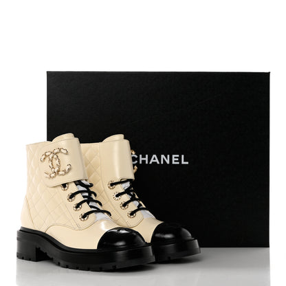 Chanel Shiny Lambskin Quilted Lace Up Combat Boots 35 Ivory Black 9 of 9