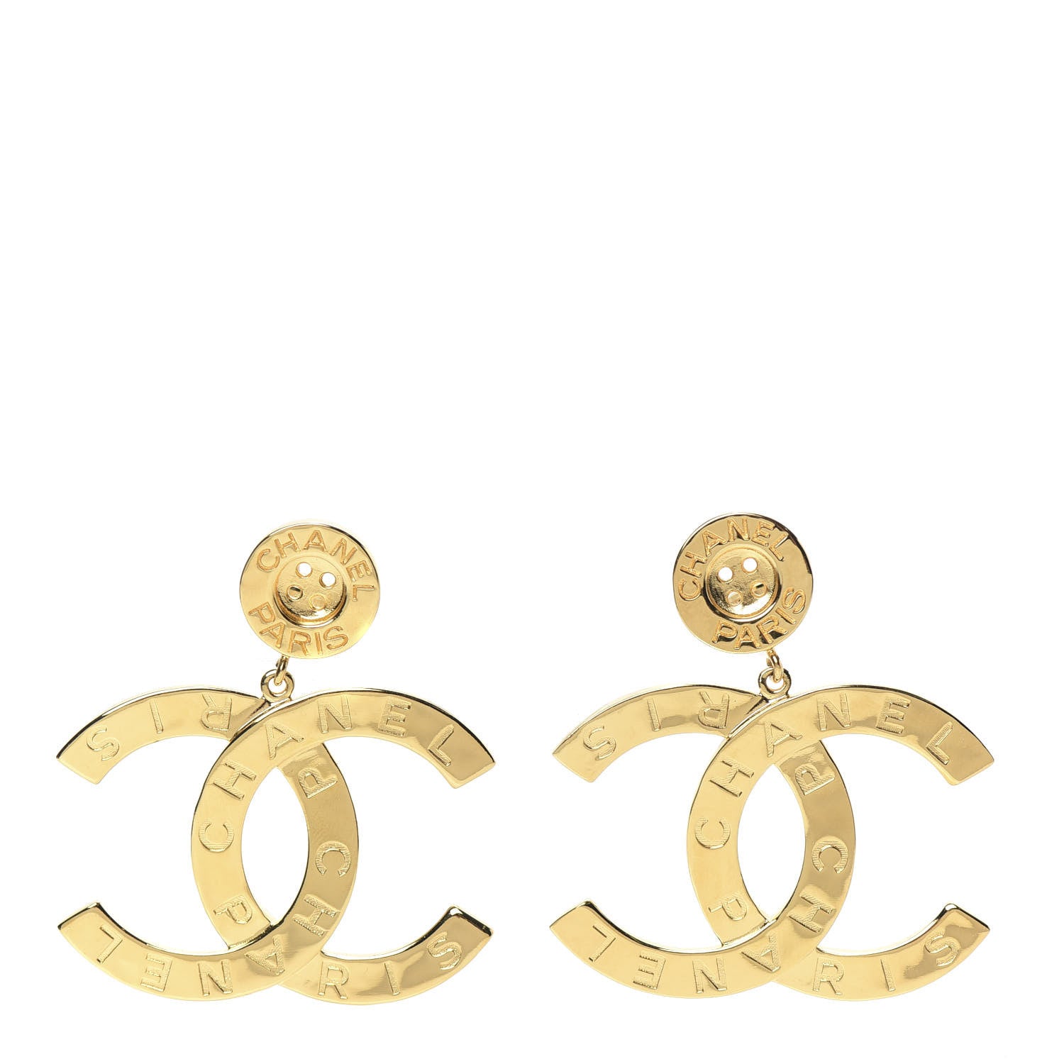 Chanel Metal Large Paris Button Clip On Earrings Gold 1 of 6