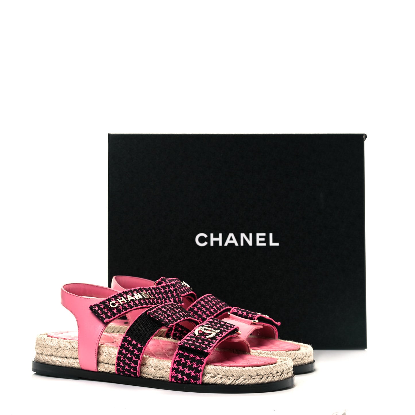 Stretch Fabric Lambskin CC Flat Sandals 39 Pink Black