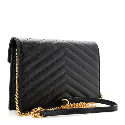 Saint Laurent Grain De Poudre Matelasse Chevron Monogram Envelope Chain Wallet Black 3 of 12