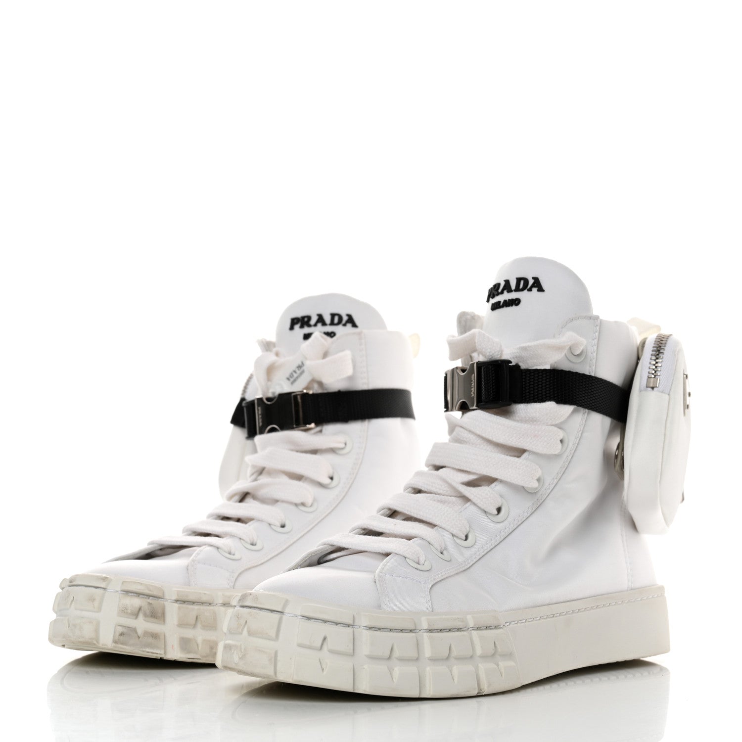 Prada Re-Nylon Gabardine Metal Triangle Logo Wheel Pouch Pocket High Top Sneakers 38.5 White 3 of 9