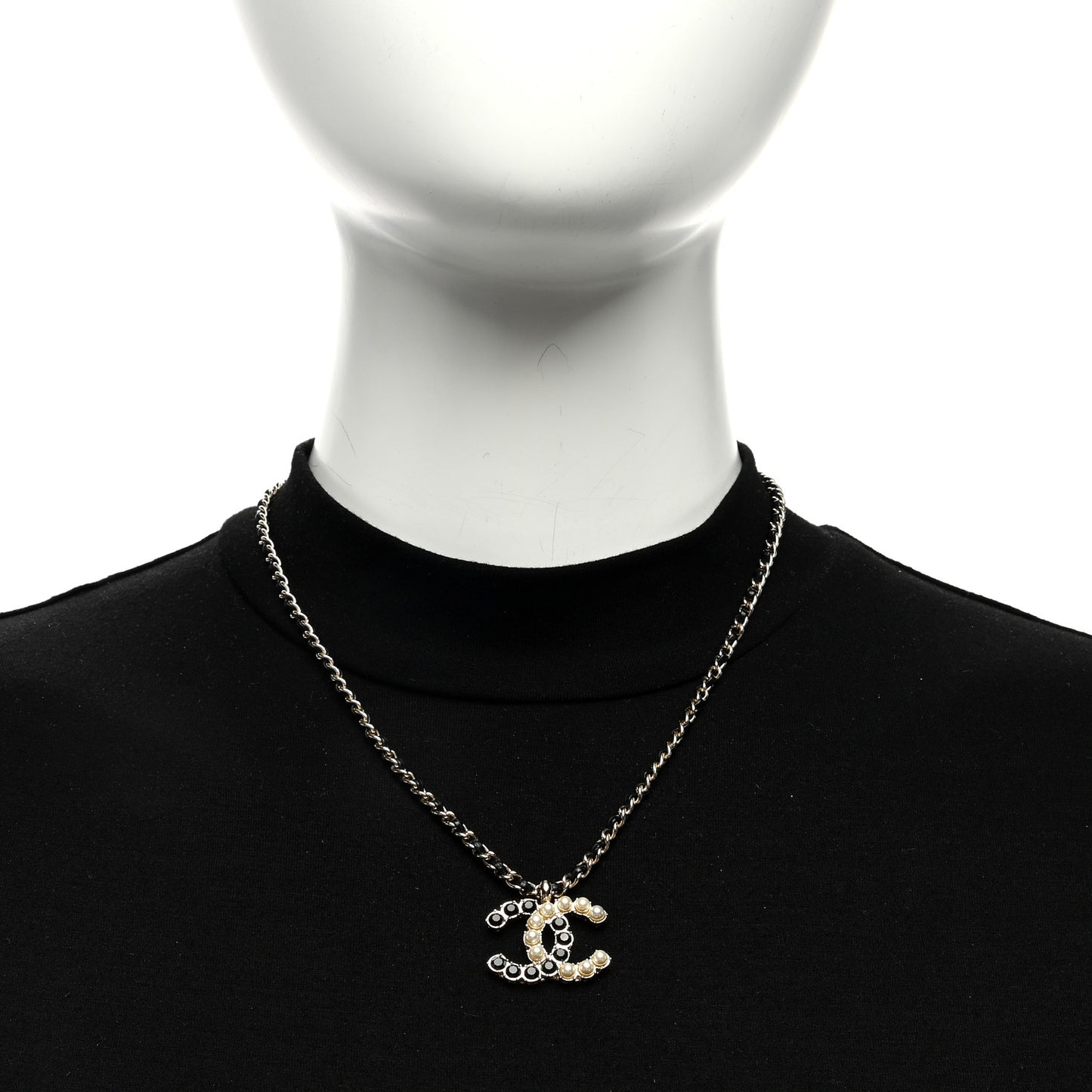 Pearl Crystal Lambskin Chain CC Short Necklace Black Gold