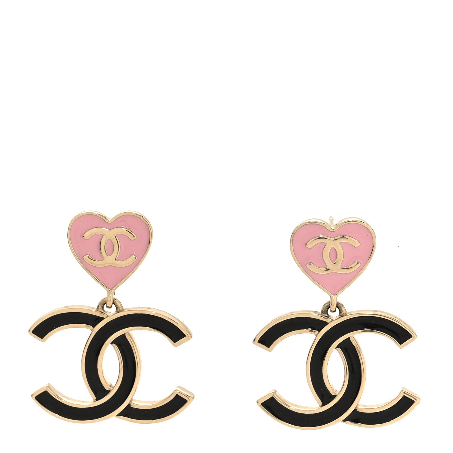 Chanel Metal Enamel CC Heart Drop Earrings Gold Black Pink 1 of 5