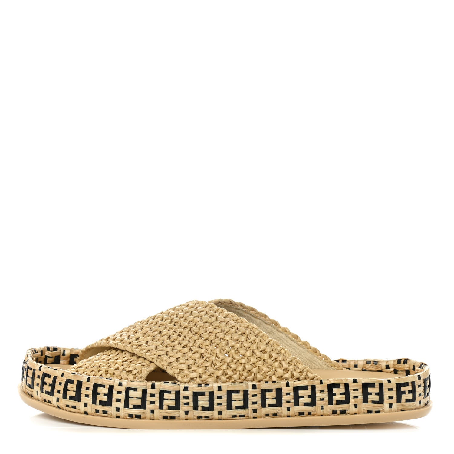 Fendi Raffia FF Woven Reflections Crisscross Slide Sandals 37.5 Naturale Black 1 of 10