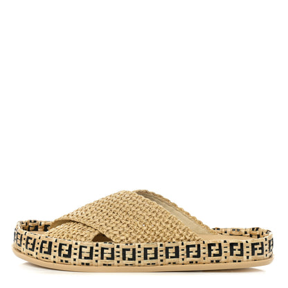 Fendi Raffia FF Woven Reflections Crisscross Slide Sandals 37.5 Naturale Black 1 of 10