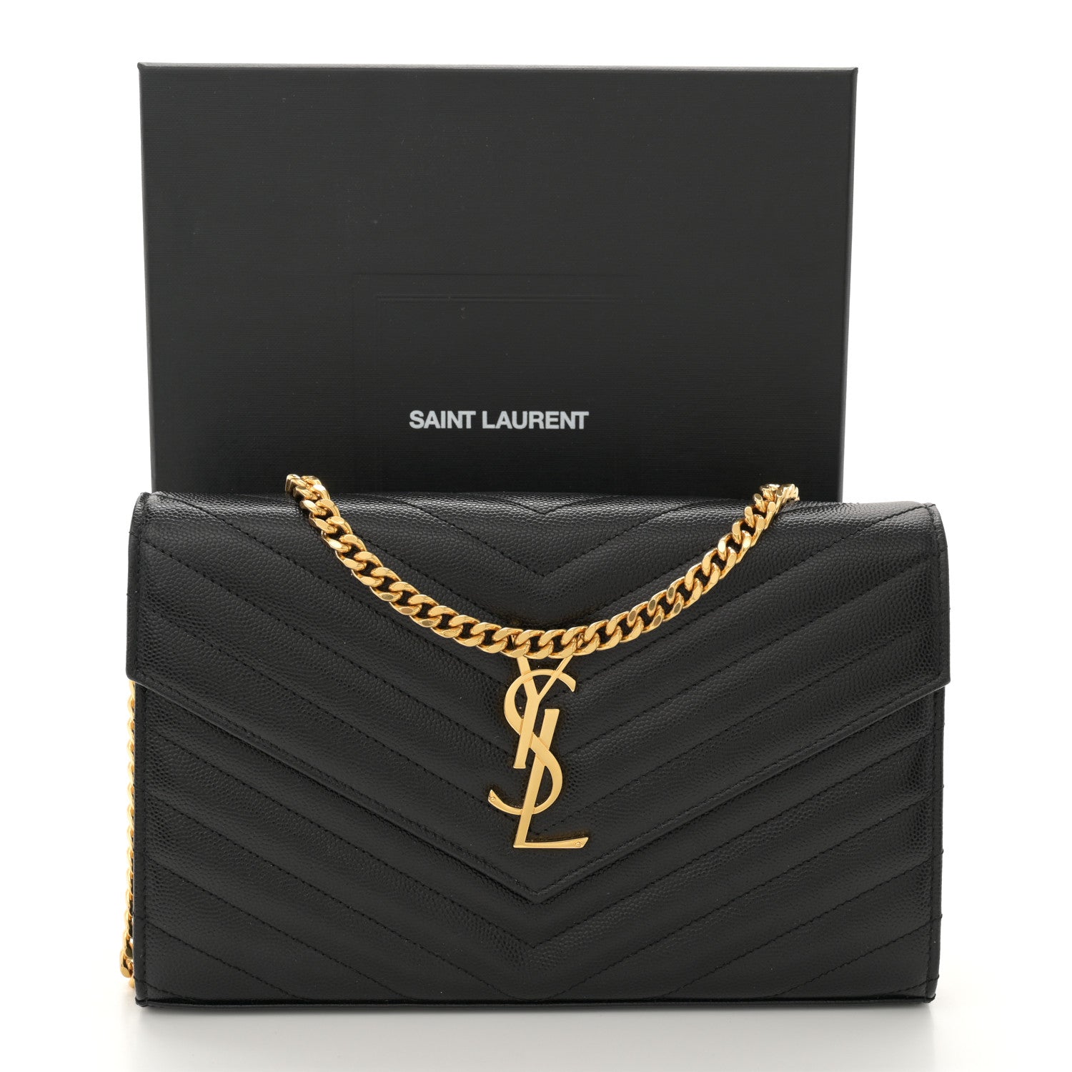 Saint Laurent Grain De Poudre Matelasse Chevron Monogram Chain Wallet Black 12 of 12