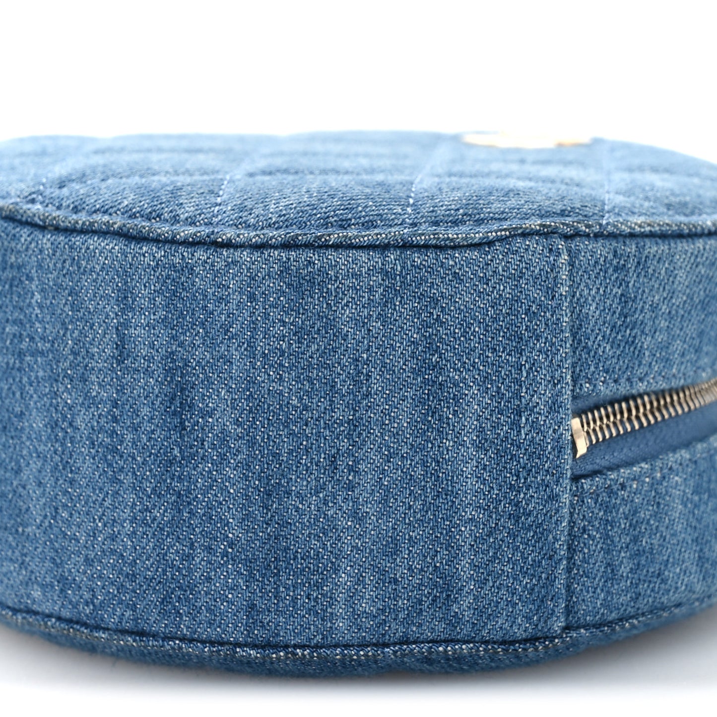 Denim Quilted Round Pearl Crush Clutch With Chain Blue