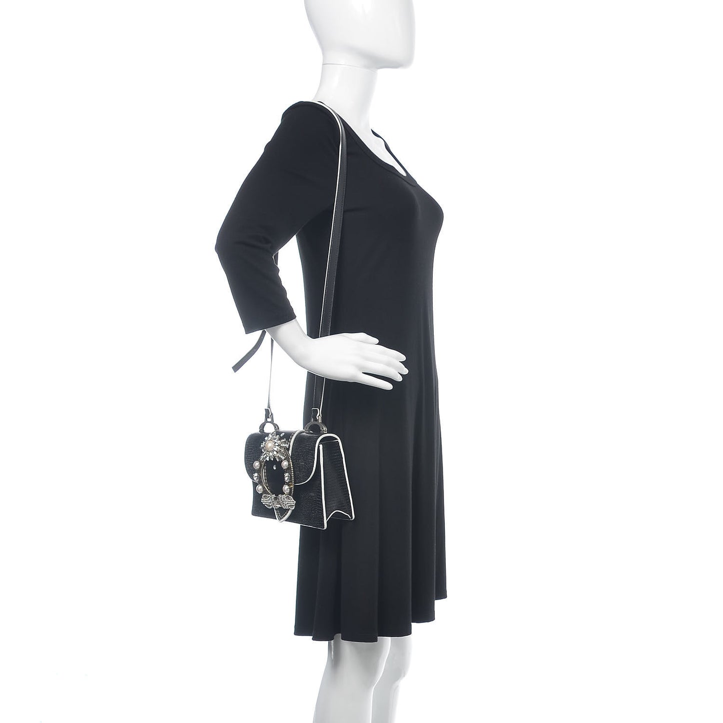 Embossed Lizard Calfskin Crystal Embellished Saint Lucertola Shoulder Bag Black