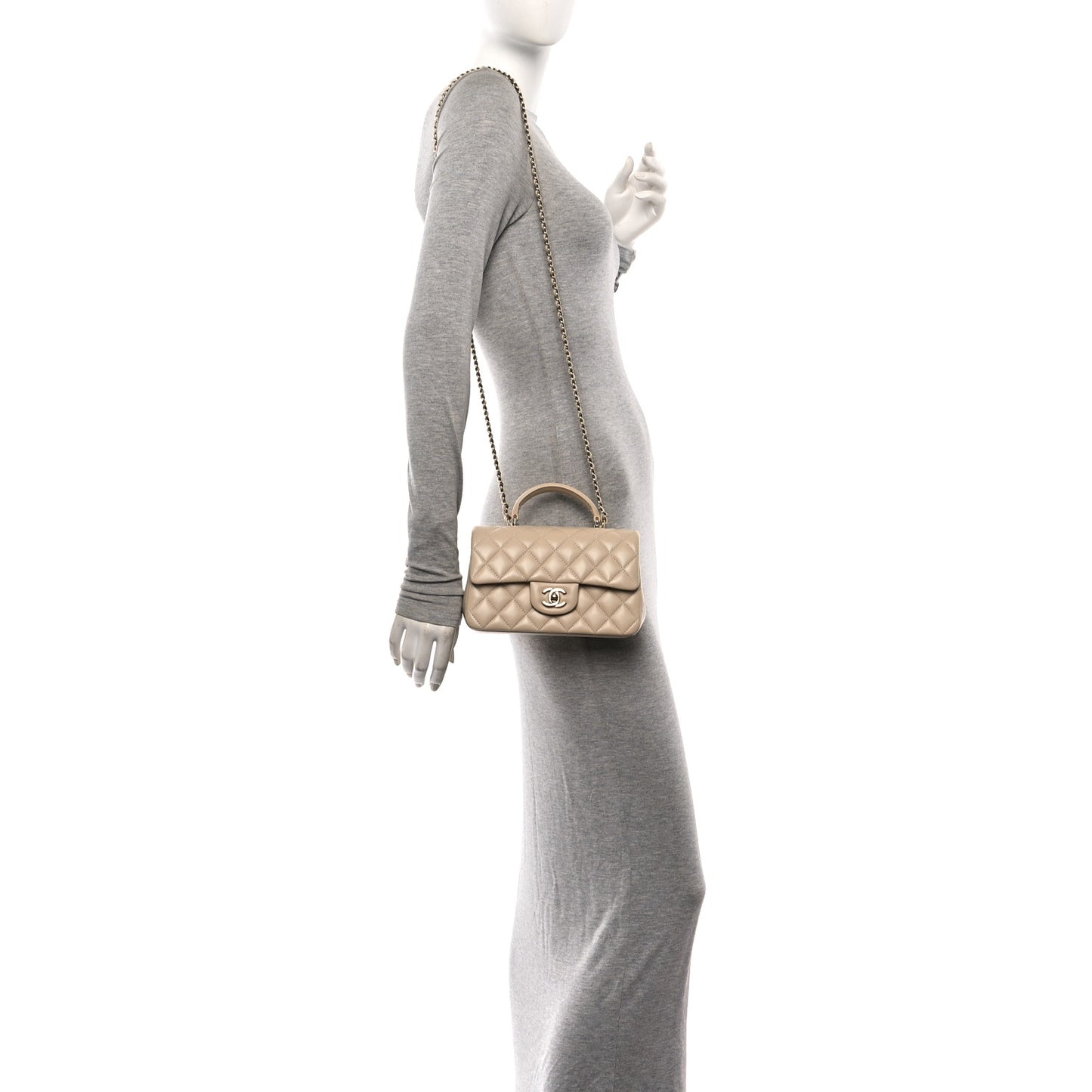 Lambskin Quilted Mini Top Handle Rectangular Flap Beige