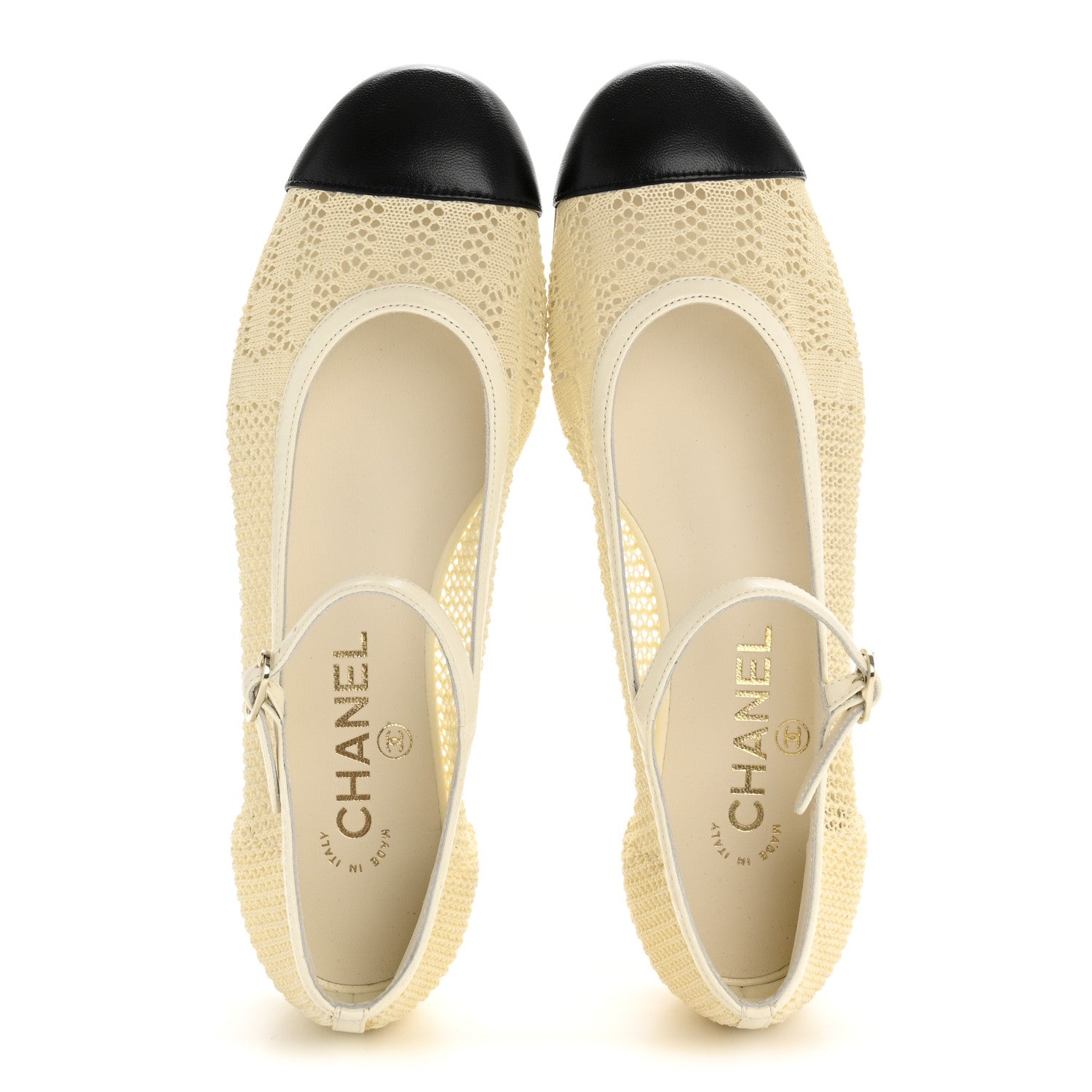 Chanel Crochet Lambskin Cap Toe Mary Jane Flats 38 Natural Beige
