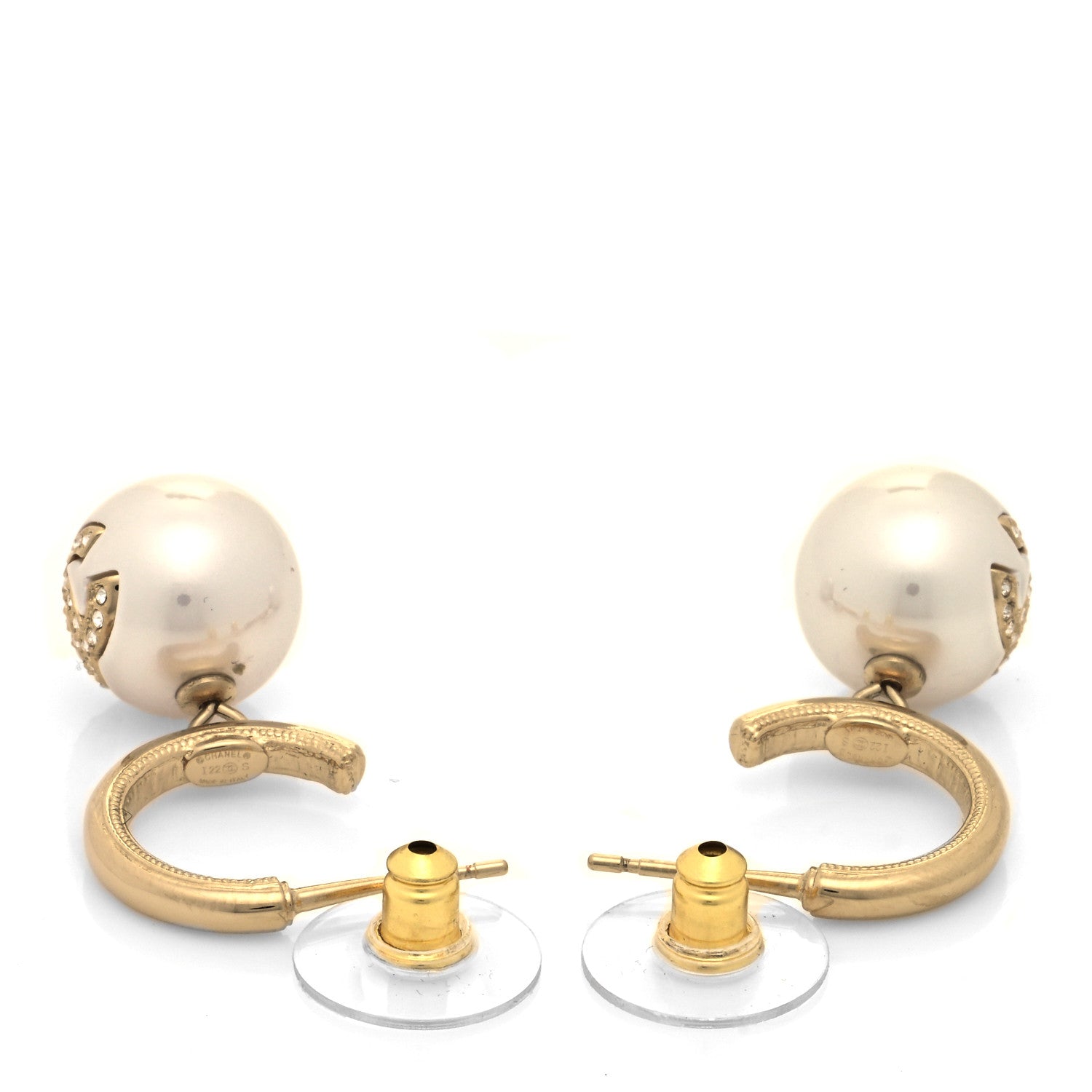 Chanel Pearl Crystal CC Drop Earrings Gold Pearly White 3 of 4