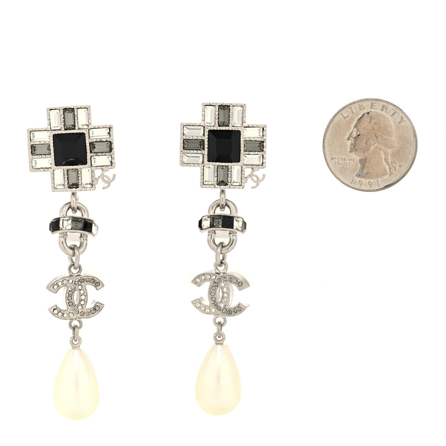 Crystal Baguette Pearl Cross CC Chain Drop Earrings Silver Grey Black Pearly White