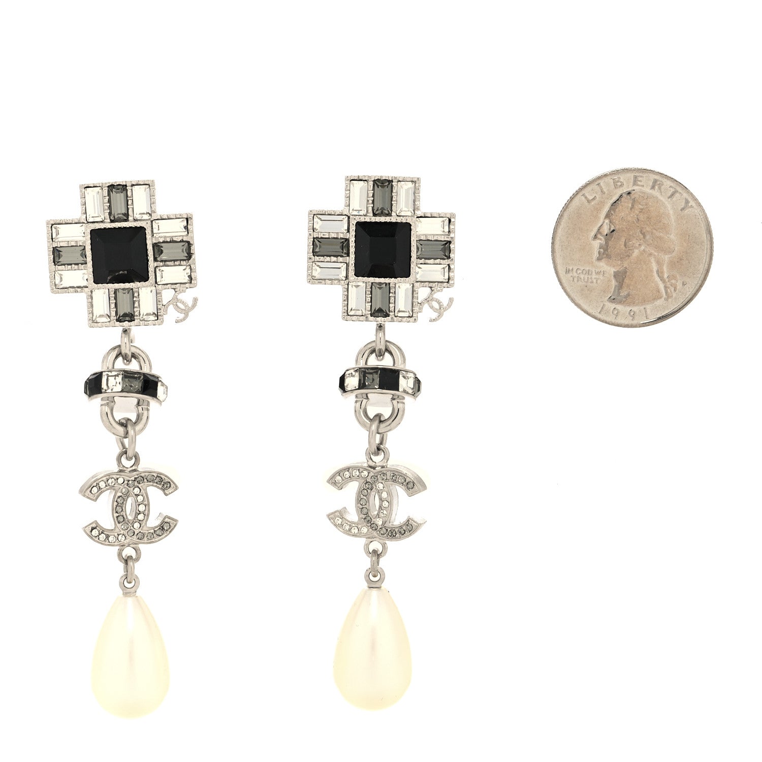 Chanel Crystal Baguette Pearl Cross CC Chain Drop Earrings Silver Grey Black Pearly White 2 of 4