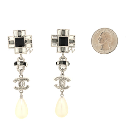 Chanel Crystal Baguette Pearl Cross CC Chain Drop Earrings Silver Grey Black Pearly White 2 of 4