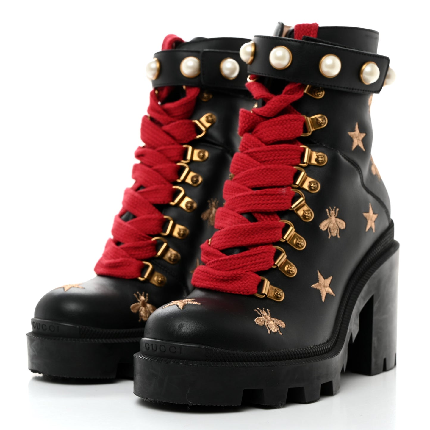 Calfskin Embroidered Lace Up Combat Ankle Boots 35 Black