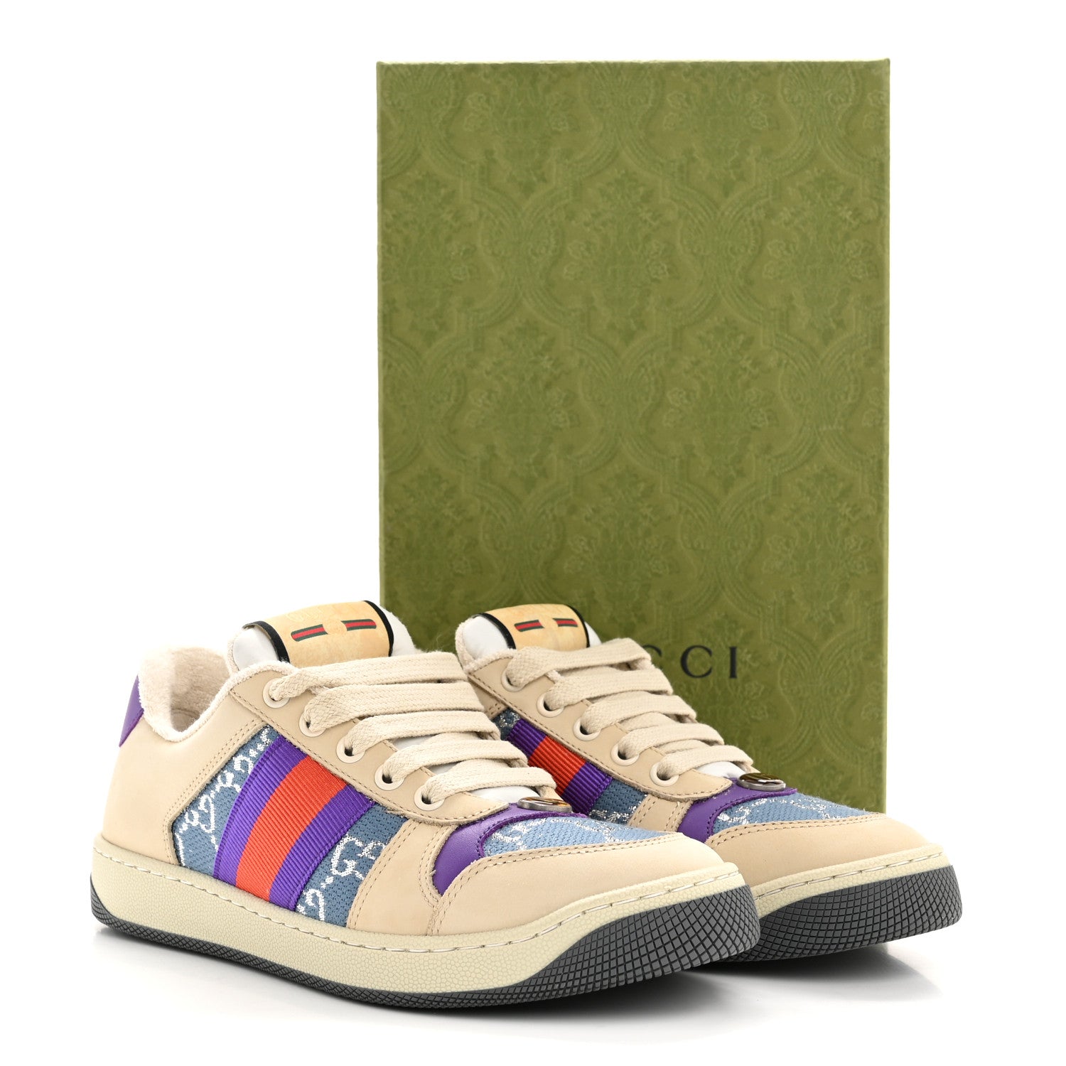 Gucci Calfskin Lame GG Monogram Web Womens Screener Sneakers 36 Blue Silver Dusty Milk Shine Purple 10 of 10