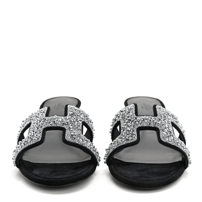 Hermes Suede Goatskin Crystal Oasis Sandals 38 Gris Argente Black 2 of 7