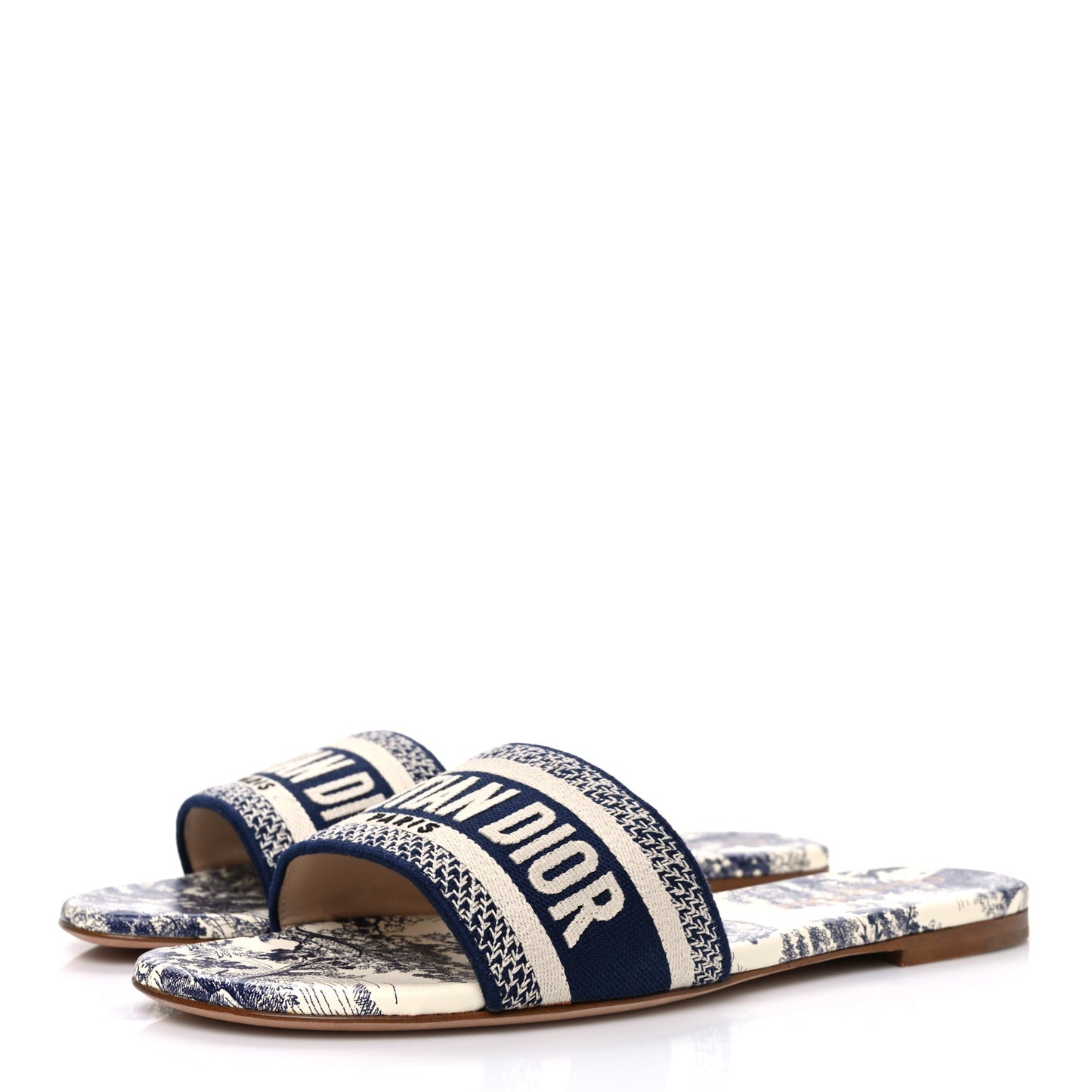 Canvas Toile de Jouy Embroidered Dway Flat Slide Sandals 39 Blue