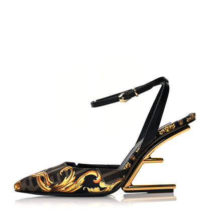 Fendi X VERSACE Silk Calfskin Fendace Fendi First 95mm Slingback Sandals 37 Tobacco Black Gold 1 of 8