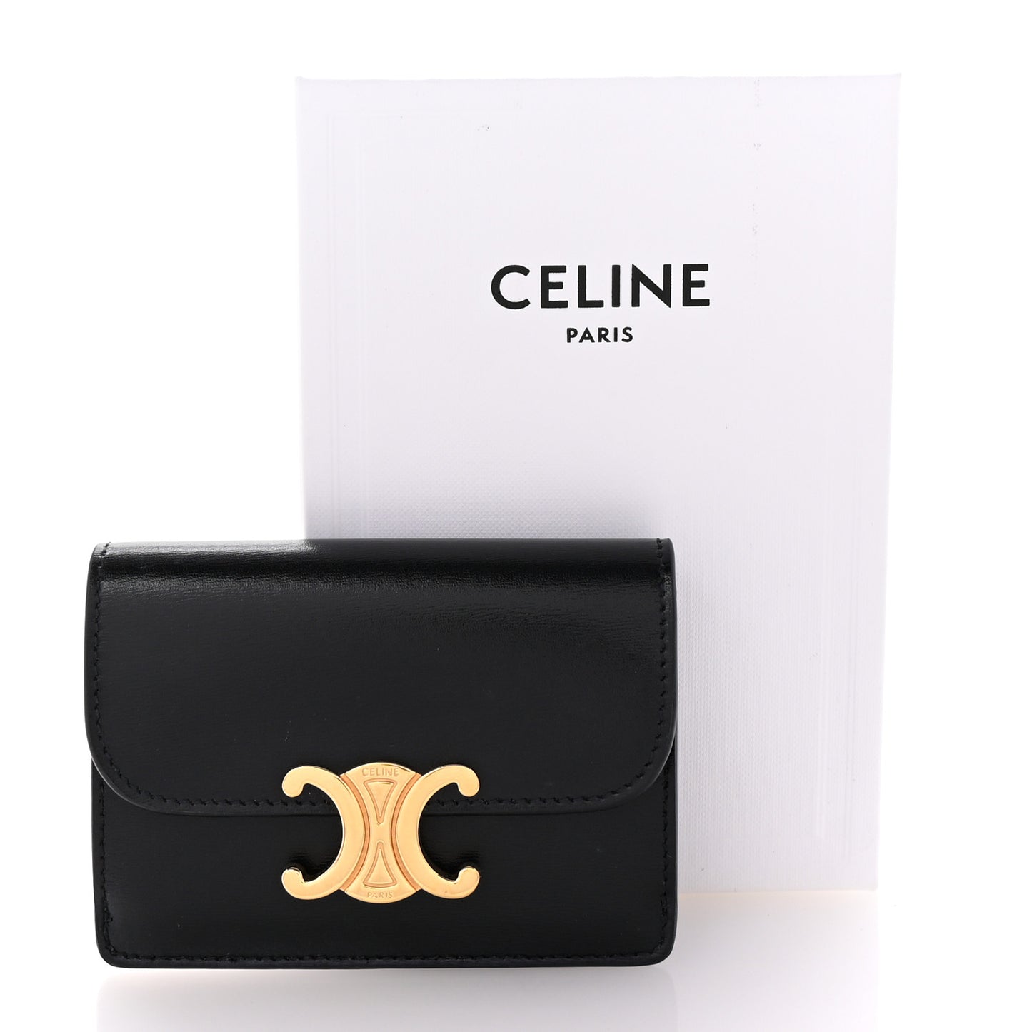 Shiny Calfskin Triomphe Flap Card Holder Black