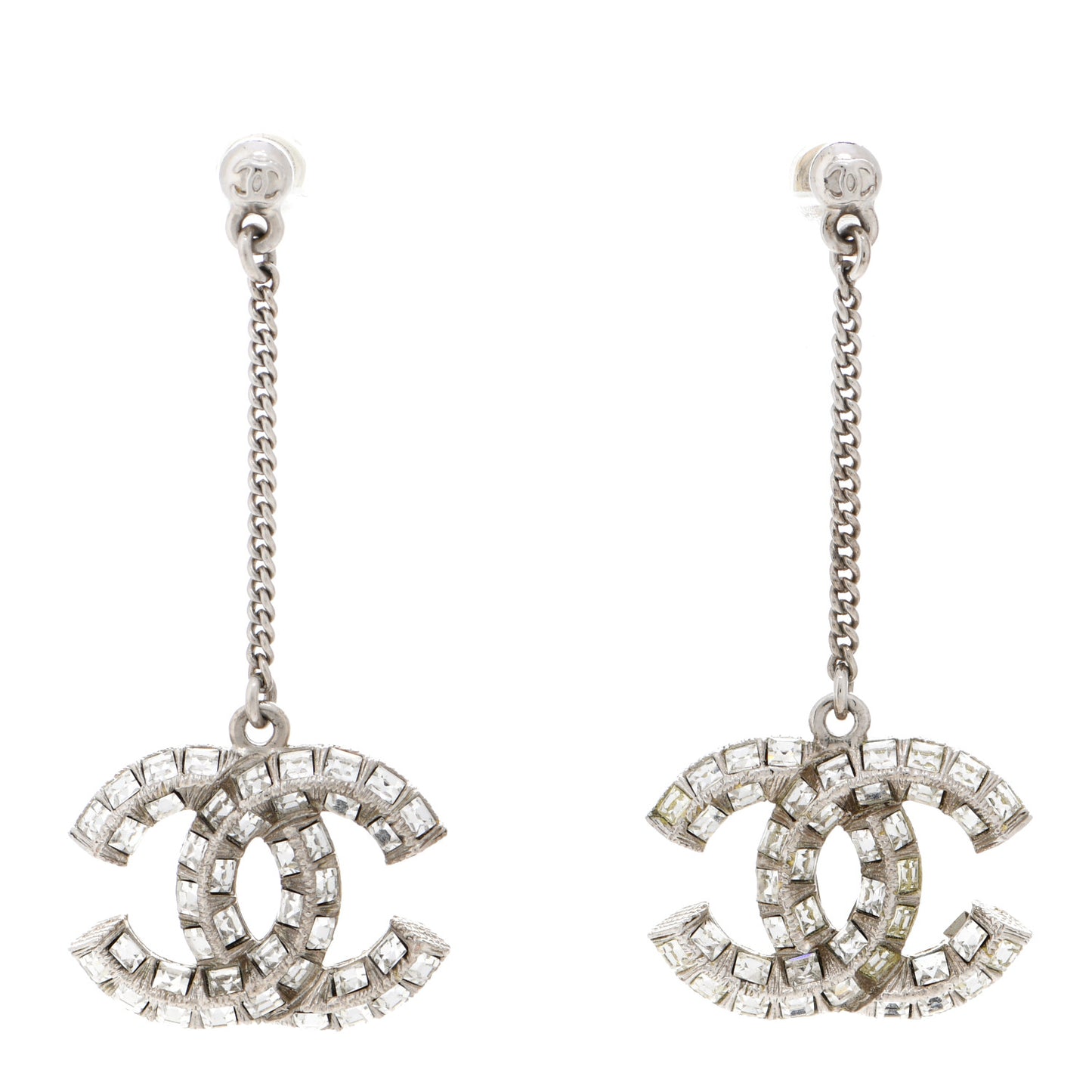 Baguette Crystal CC Drop Earrings Silver