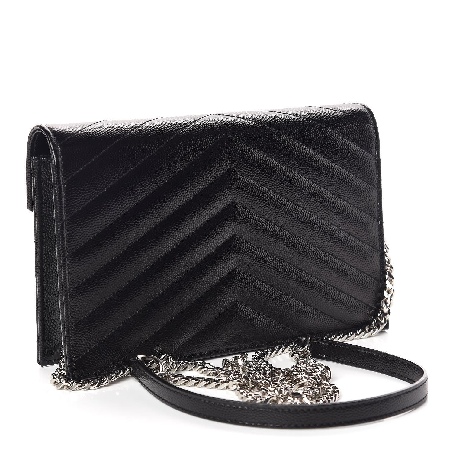 Saint Laurent Grain De Poudre Matelasse Chevron Monogram Envelope Chain Wallet Black 3 of 10