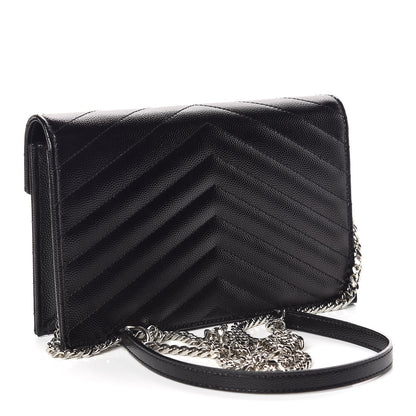 Saint Laurent Grain De Poudre Matelasse Chevron Monogram Envelope Chain Wallet Black 3 of 10
