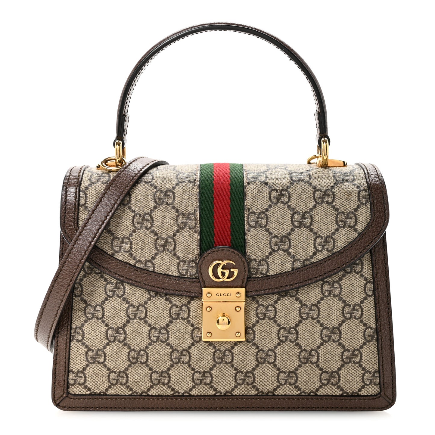 GG Supreme Monogram Textured Dollar Calfskin Web Small Ophidia Padlock Top Handle Bag Beige Ebony New Acero