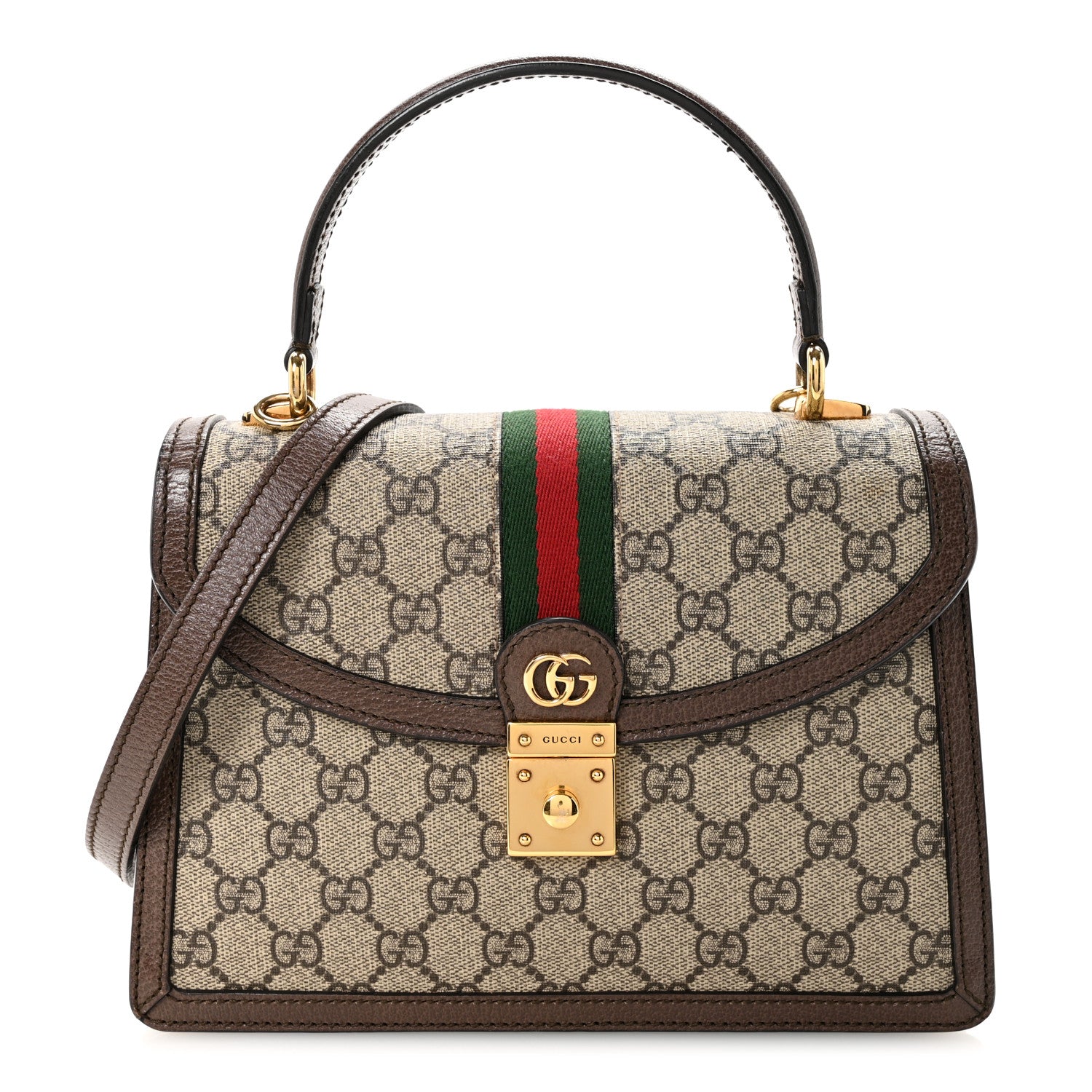 Gucci GG Supreme Monogram Textured Dollar Calfskin Web Small Ophidia Padlock Top Handle Bag Beige Ebony New Acero 2 of 25