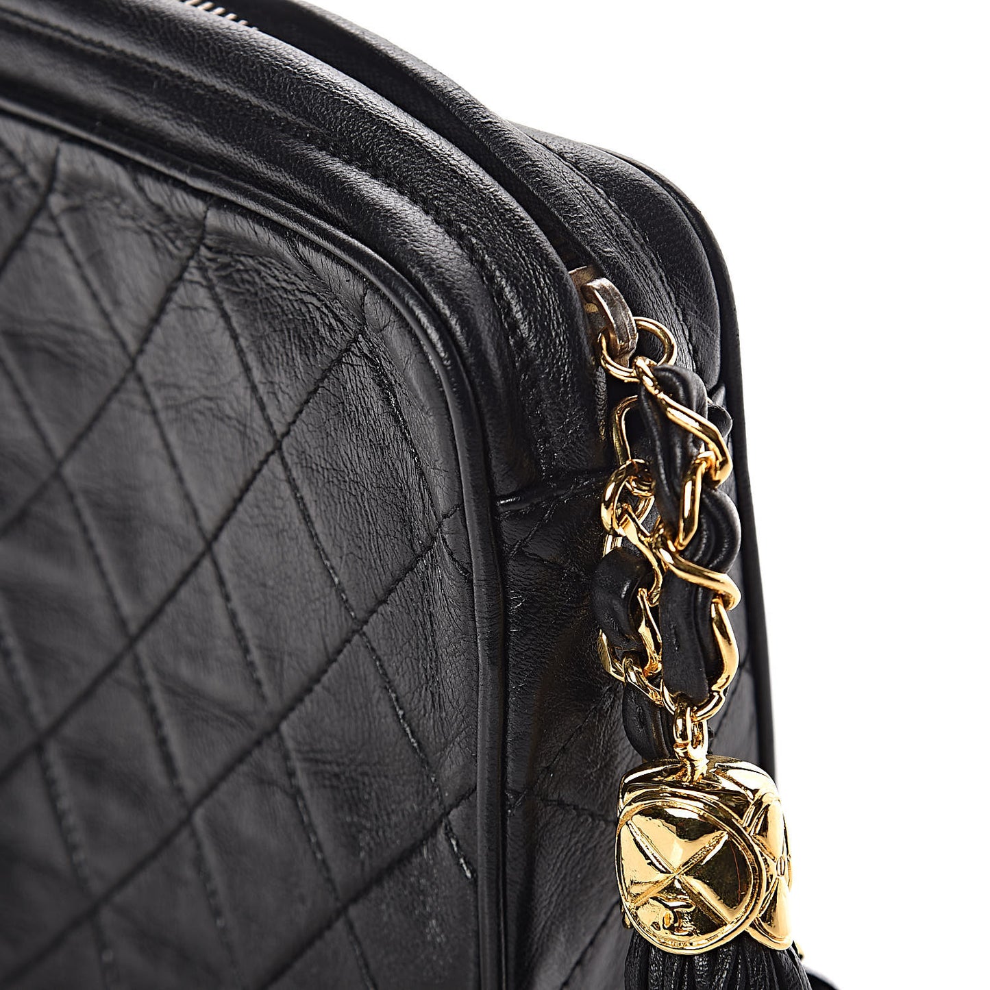 Lambskin Quilted Tassel Camera Case Pouch Black