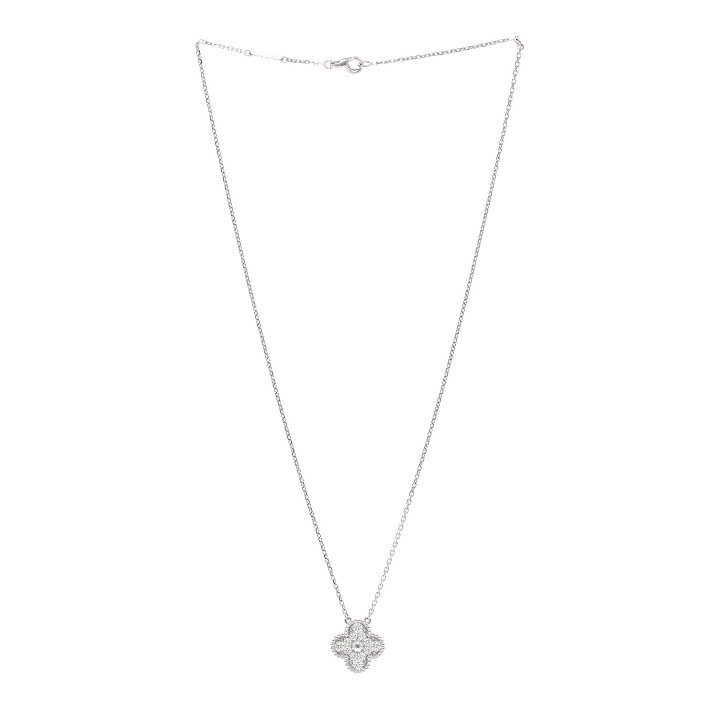 18K White Gold Diamond Vintage Alhambra Pendant Necklace