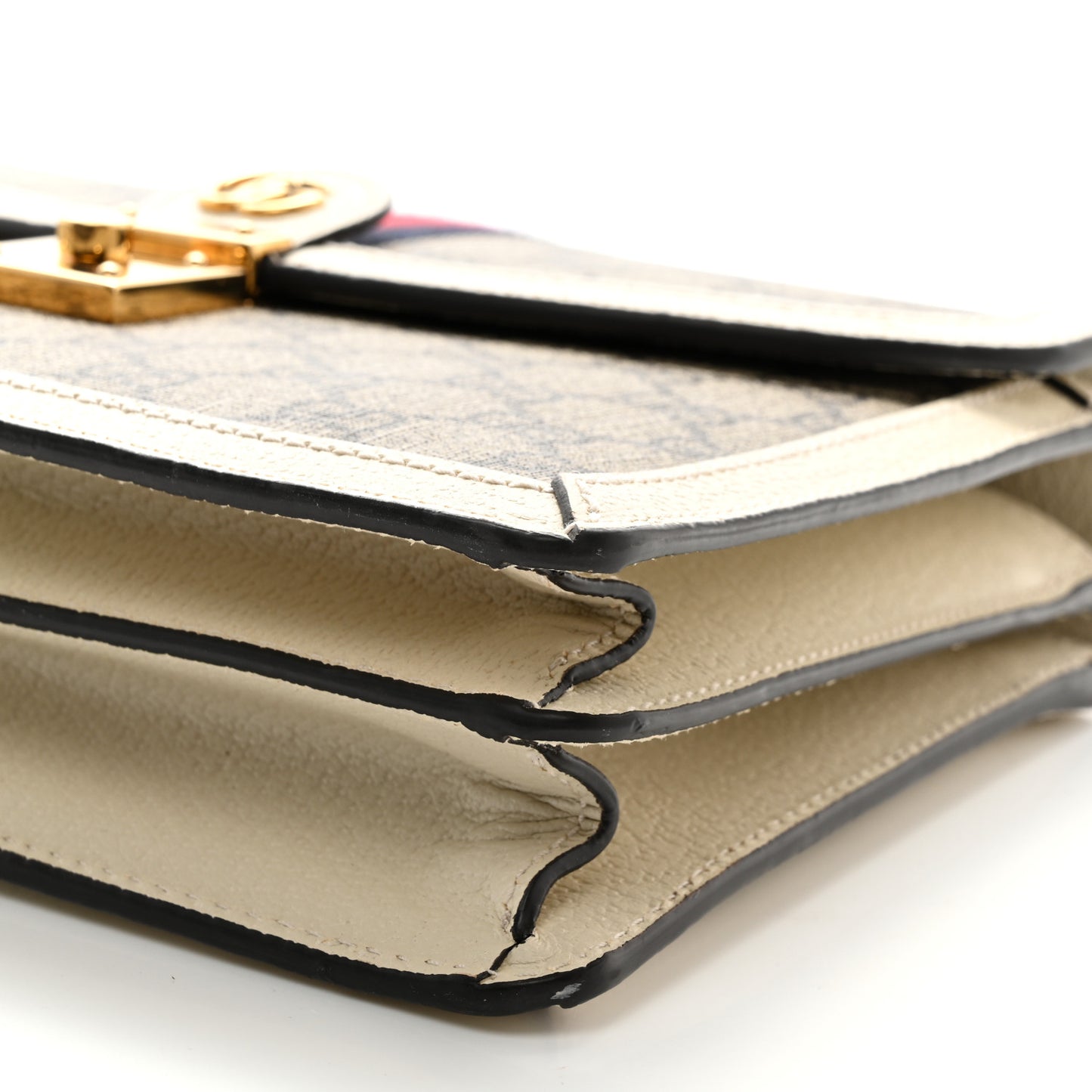 GG Supreme Monogram Textured Dollar Calfskin Web Small Ophidia Padlock Top Handle Bag Beige Ebony Mystic White