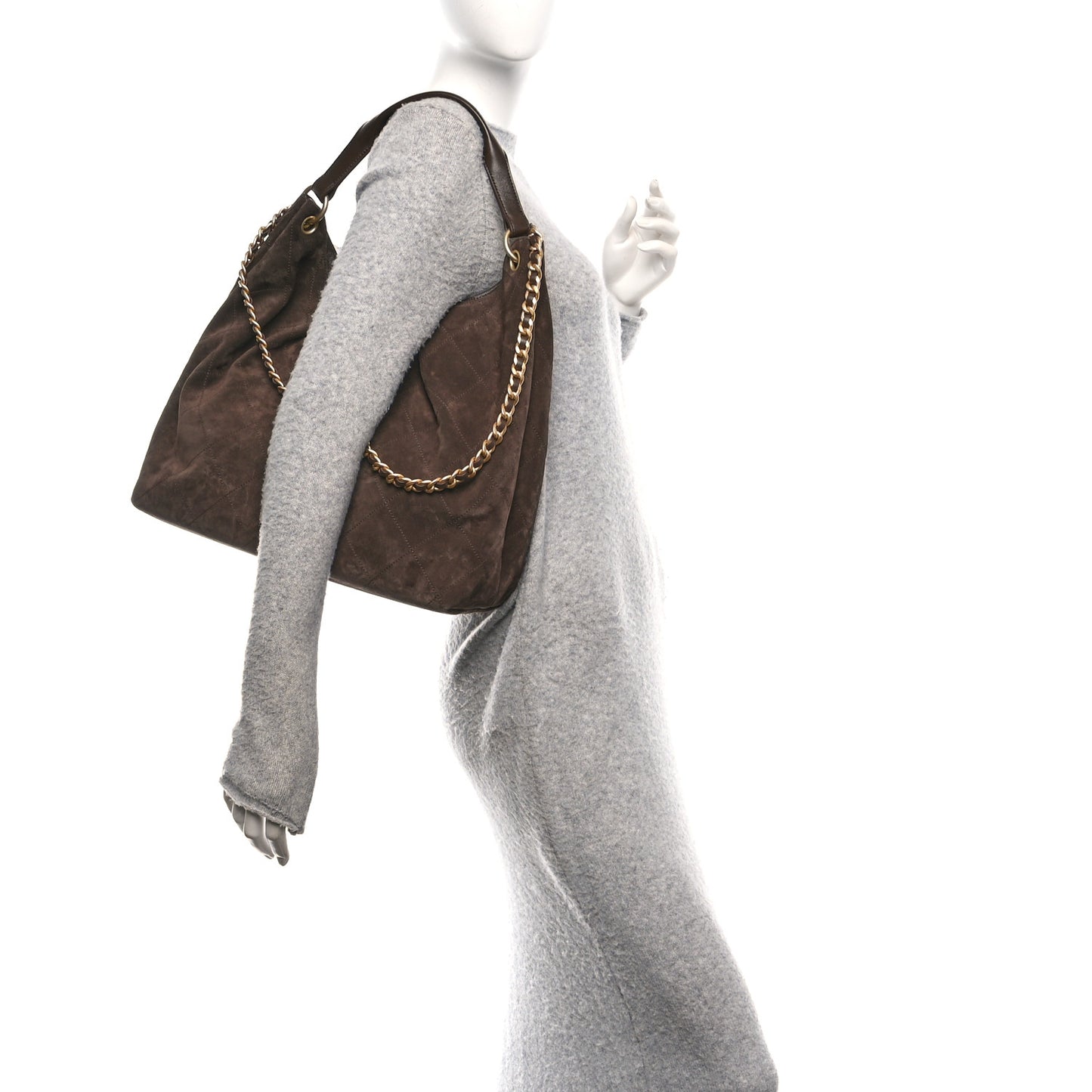 Suede Calfskin Lambskin Quilted Maxi Hobo Dark Brown