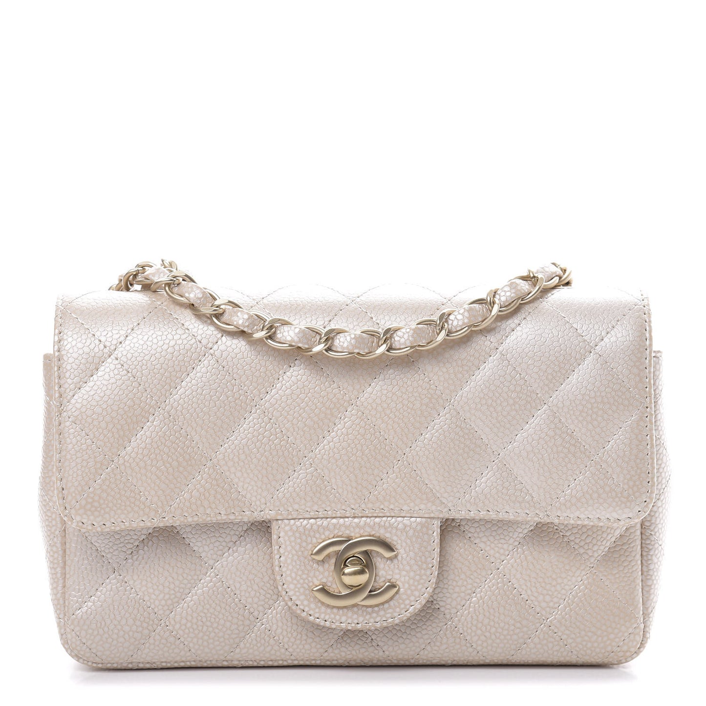 Pearly Caviar Quilted Mini Rectangular Flap Beige