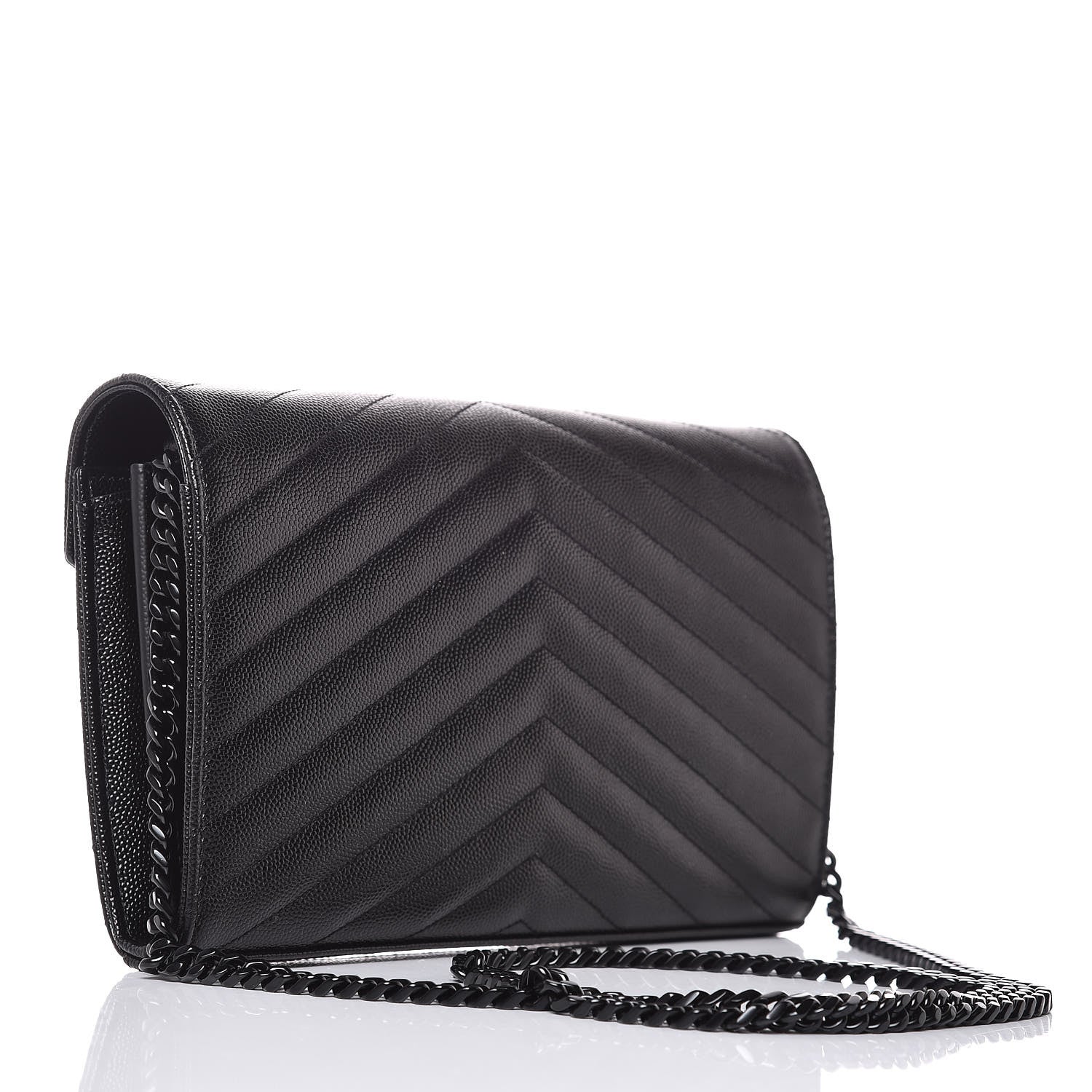 Saint Laurent Grain De Poudre Matelasse Chevron Monogram Chain Wallet Black 3 of 6