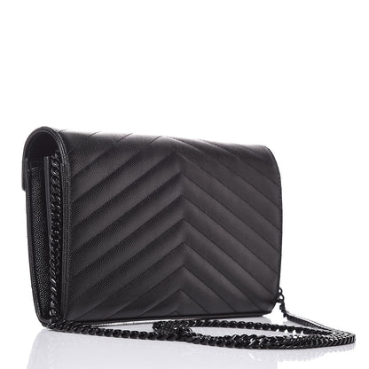 Saint Laurent Grain De Poudre Matelasse Chevron Monogram Chain Wallet Black 3 of 6
