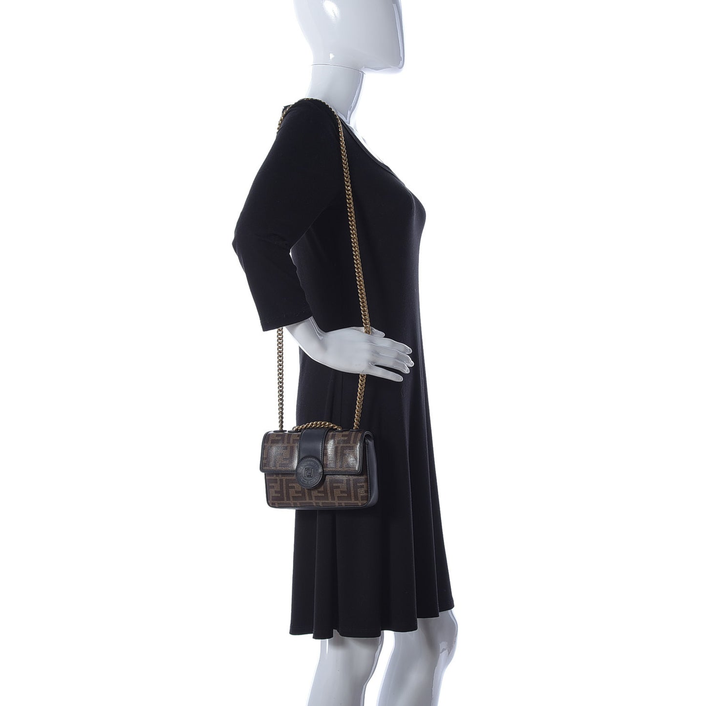 Glazed Fabric Vitello Century FF 1974 Stamp Patch Mini Double F Crossbody Bag Mogano Panna Black