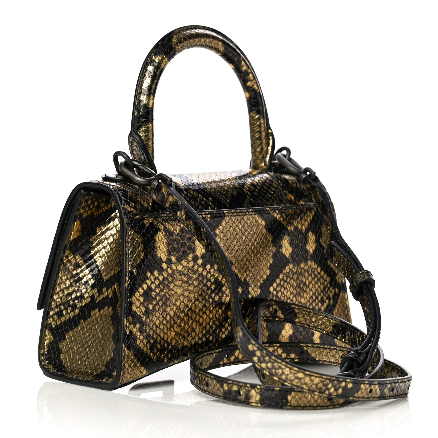 Balenciaga Shiny Calfskin Snakeskin Embossed Hourglass Top Handle Bag XS Gold Black 2 of 8