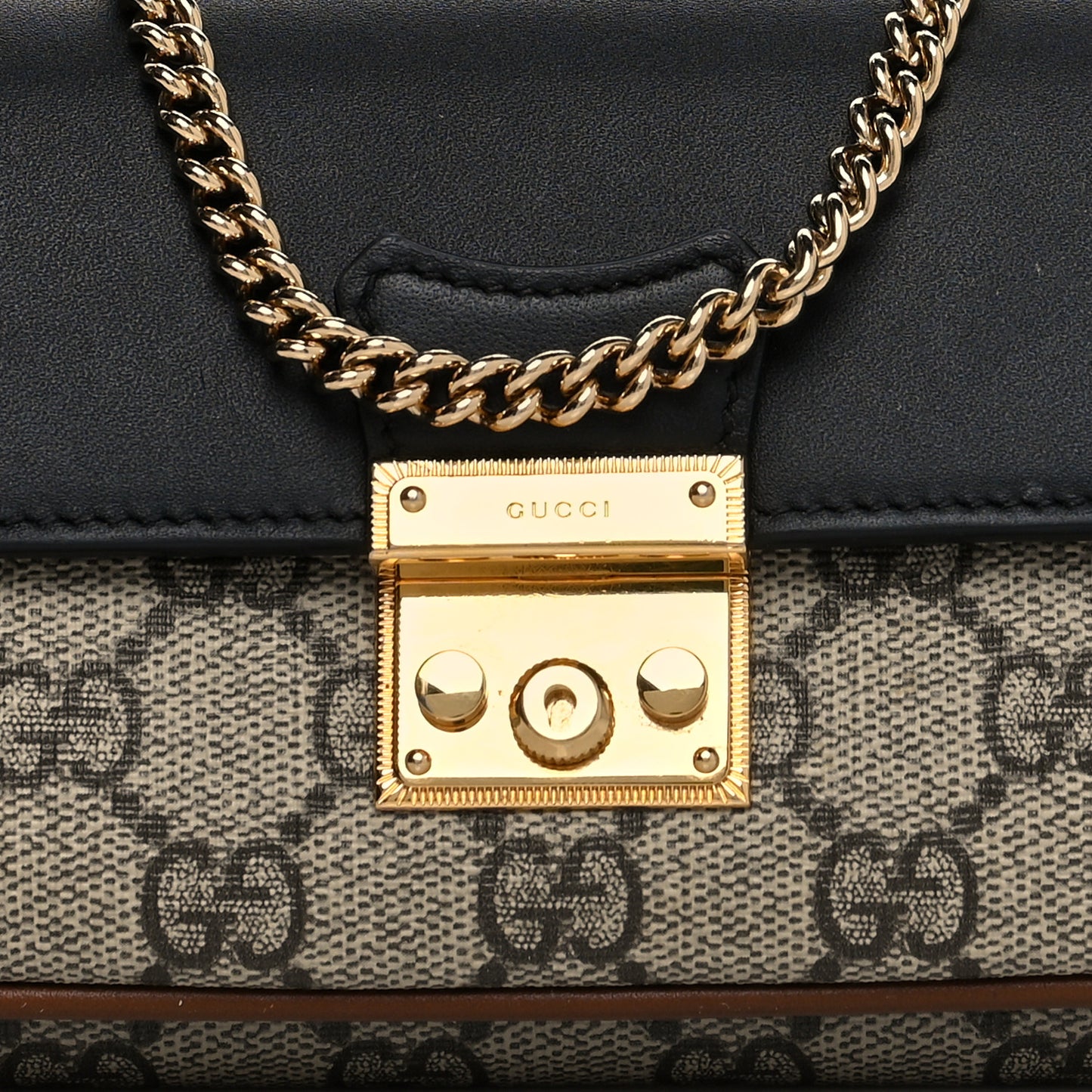 GG Supreme Monogram Calfskin Padlock Chain Wallet Beige Black Cuir